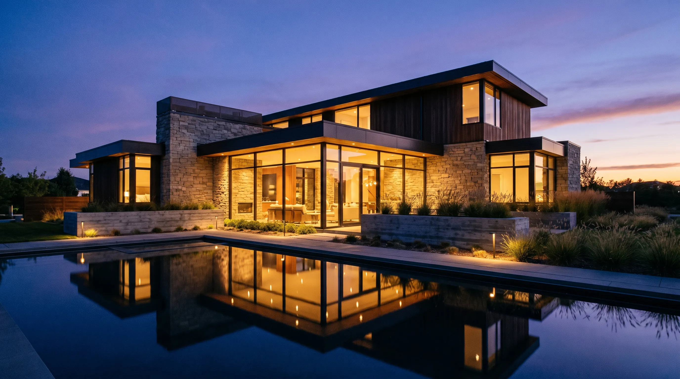 A premium modern home at dusk - glass and warm interior light mirrored in a still reflecting pool.