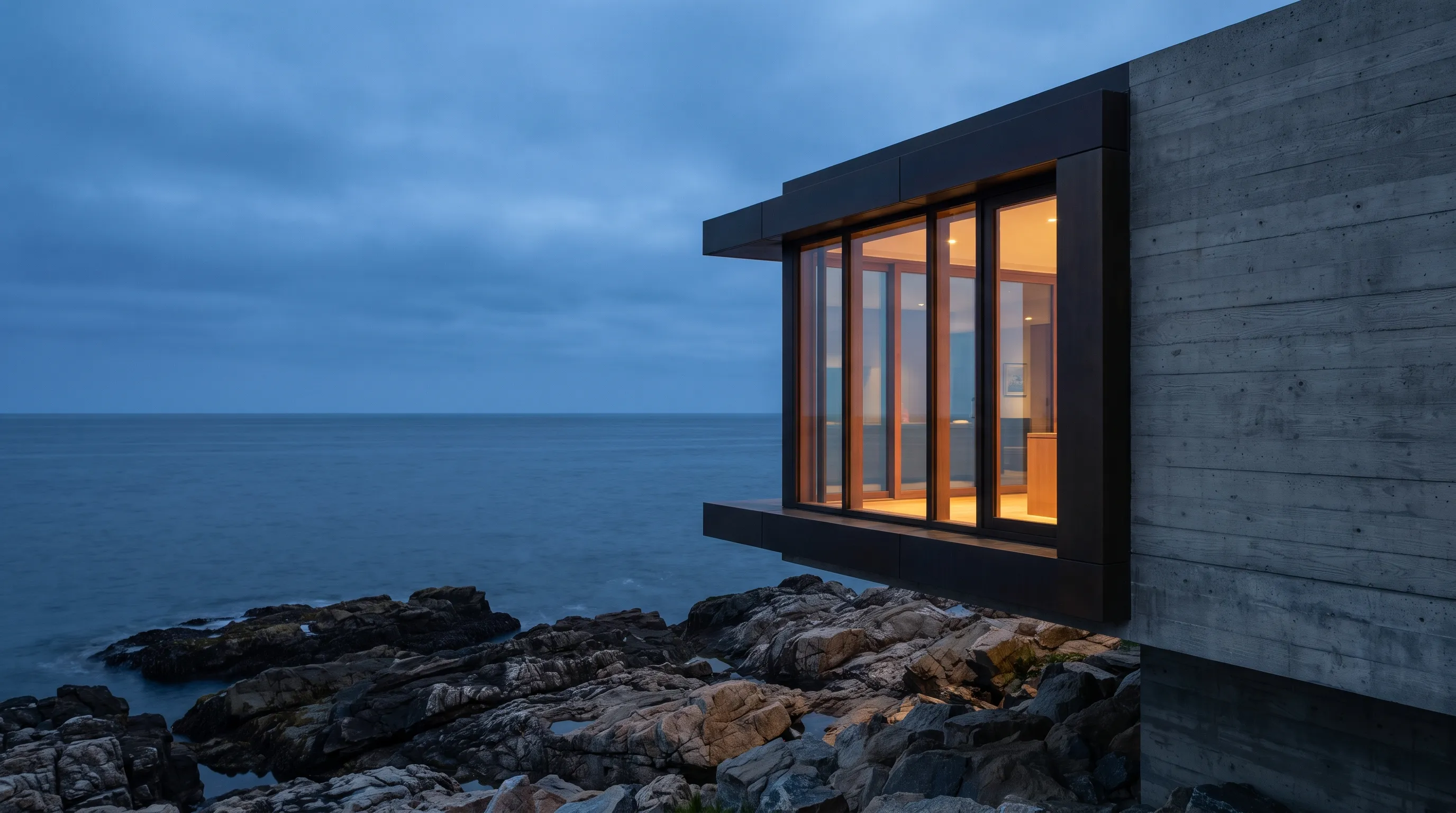 A board-formed concrete house cantilevered over a rocky shoreline at dusk, warm light inside against a blue-hour sky.