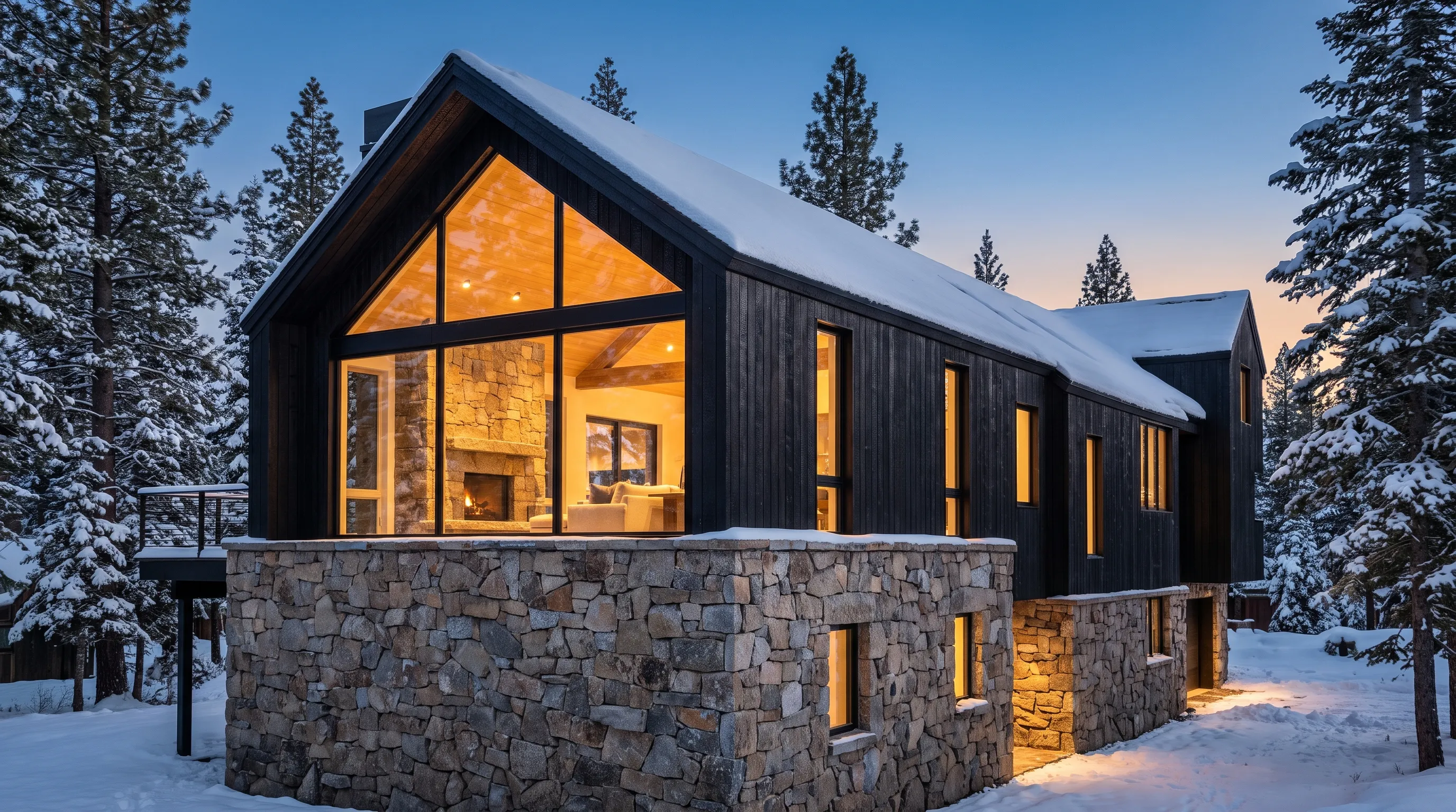 A mountain home with a dry-stacked stone base and blackened timber cladding, glowing at twilight amid snow and pines.
